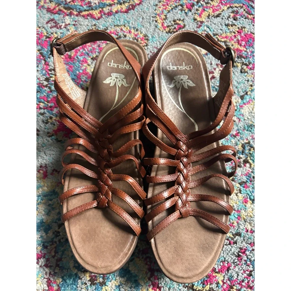Dansko Wedge Sandals Tan Leather Strappy Braided Slingback Boho Comfort 42